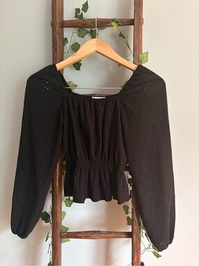 Black Smocked Peplum Long-Sleeve Blouse